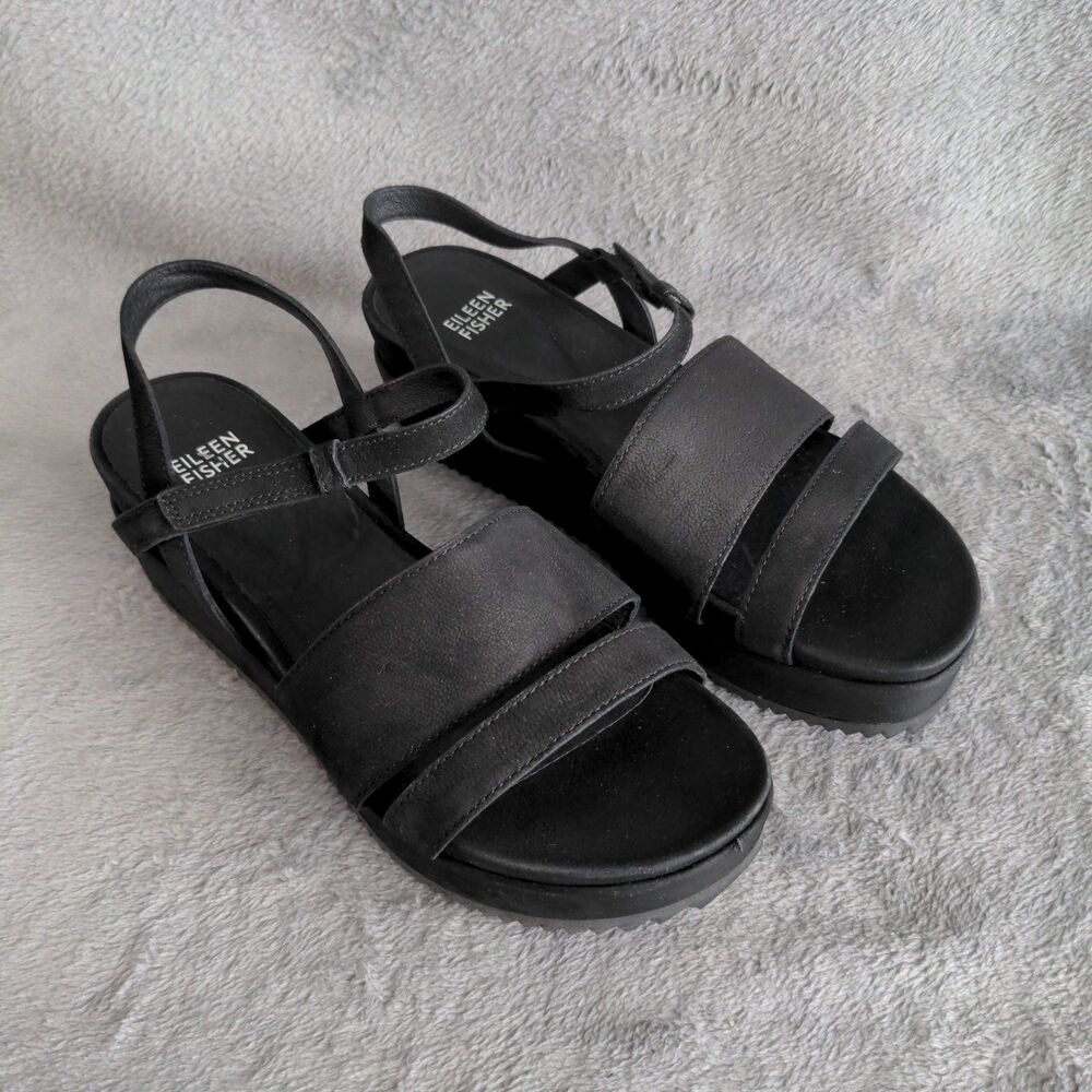 Eileen Fisher Platform Sandals Sz 7 Black Suede Leather Wedge Strappy Comfort